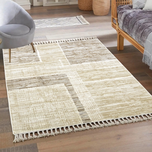 BEŻOWY BRĄZOWY DYWAN Z FRĘDZLAMI DO SALONU - DYWANY LOFT ANKONA - (9591A beige/brown) 120x170